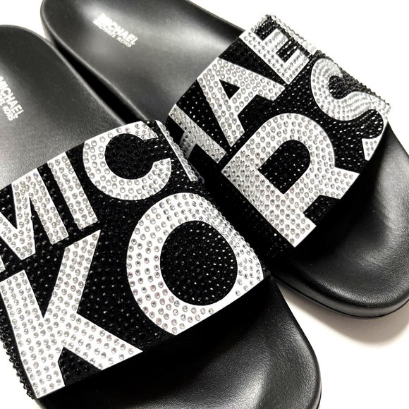 NWOB MICHAEL KORS Rhinestone Slide Sandals Black Sparkle Flats Rubber - Picture 3 of 10